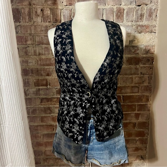 Vintage Black and Gold Velvet Floral Embroidered Vest -Size S -TP36 - Picture 4 of 7